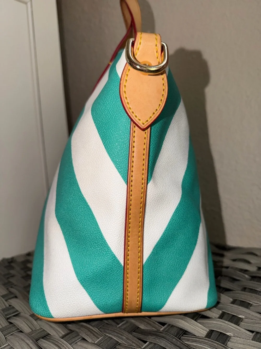 Dooney & Bourke Olivia Chevron Satchel Teal & White Stripes - Leather Top Handle - Picture 10 of 15
